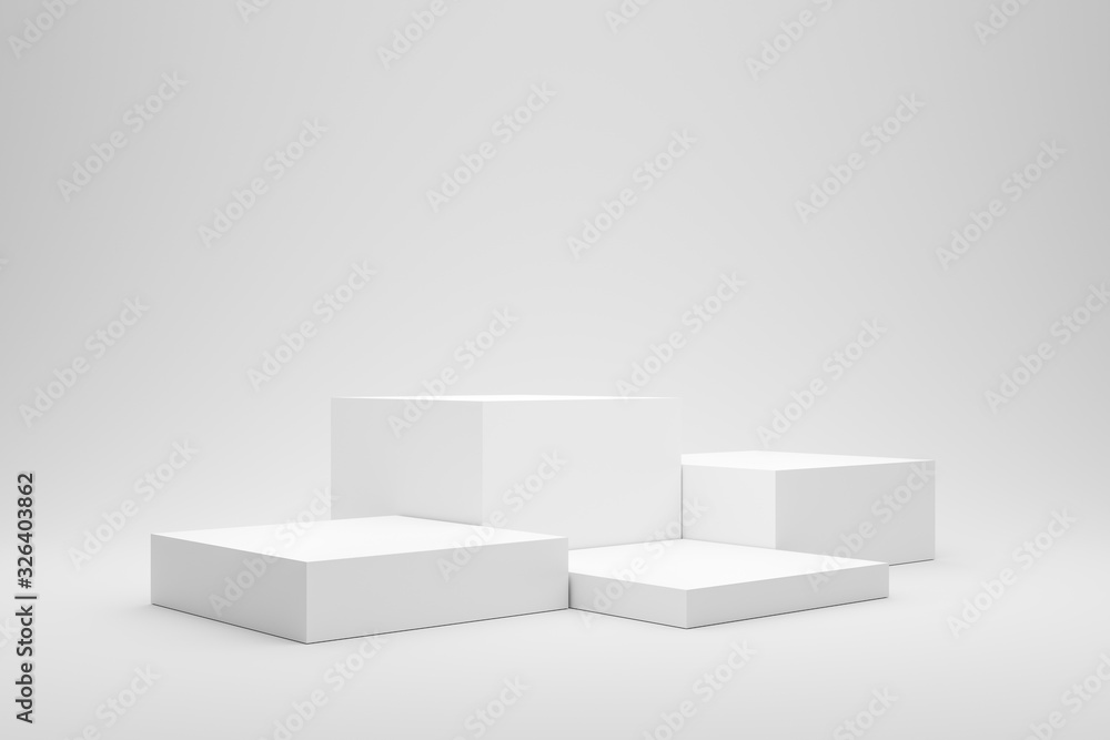 Poster Empty podium or pedestal display on white background with box stand concept. Blank product shelf standing backdrop. 3D rendering.