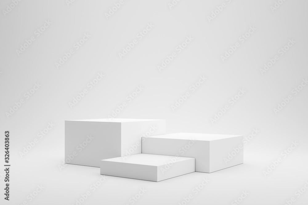 Fototapete Empty podium or pedestal display on white background with box stand concept. Blank product shelf standing backdrop. 3D rendering.