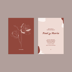 Pre-made rsvp card template with hand-drawn geometric shapes and floral illustration. Ready to use modern trendy wedding invitation in minimalist style