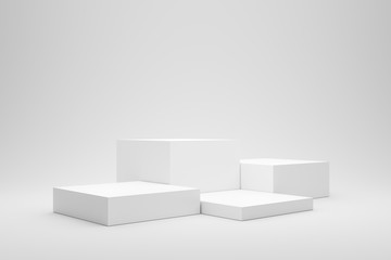 Empty podium or pedestal display on white background with box stand concept. Blank product shelf standing backdrop. 3D rendering. - obrazy, fototapety, plakaty