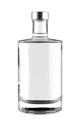 Clear Glass Bottle of Gin, Liquor or Vodka with Metal Cap Isolated on White. 3D Render