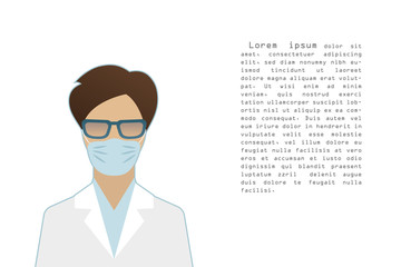 Flat style female doctor wearing a surgical mask, epidemic control concept, banner poster template with text, vector