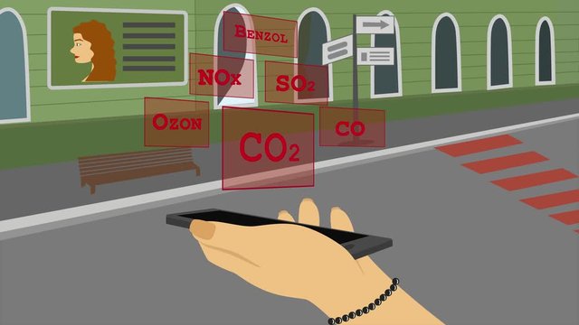 2D animation, Caucasian hand holding smartphone with hologram CO2. Finger touching holo and signs of more harmful chemicals appearing. Globalization, emissions, ecology.