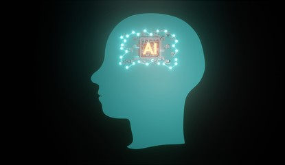 Artificial intelligence in humanoid head with  AI  digital brain is learning processing chip