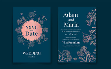 blue Wedding invitation card template set with hand drawn outline floral frame and border. Flowers decoration for save the date, greeting, rsvp, poster, cover,  Botanic illustration premium vector