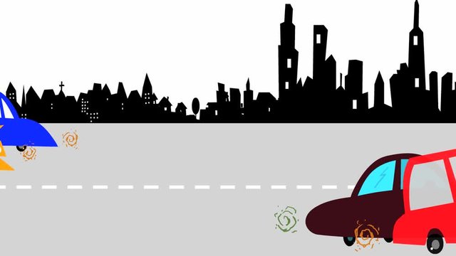 Animation of cartoon cars driving city street.  Urban road panorama.