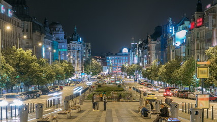 Obraz premium Wenceslas Square in Prague at night timelapse, dusk time, top view.