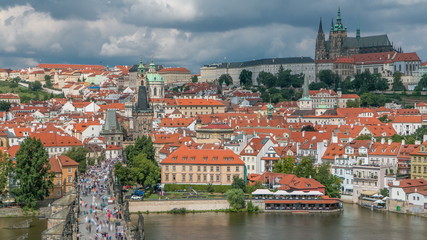 Charles Bridge and Prague Castle timelapse, view from the Bridge tower, Czech Republic