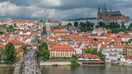 Obraz premium Charles Bridge and Prague Castle timelapse, view from the Bridge tower, Czech Republic