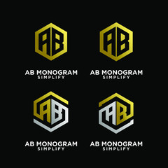 set of gold silver ab, ba, a b initial monogram hexagon letter black logo design with black background