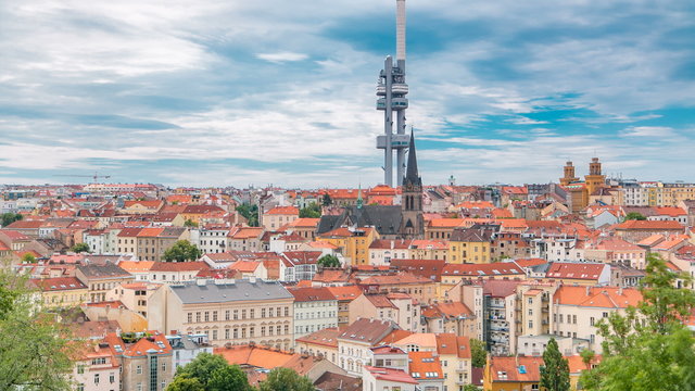 Timelapse view from the top of the Vitkov Memorial on the Prague landscape on a sunny day with the famous Zizkov TV tower on the horizon