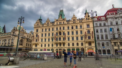 Obraz premium Art Nouveau buildings timelapse in Old Town Stare Mesto by Prague Namesti Republiky station. Prague, Czech Republic