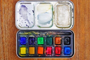 A colorful palette of watercolor artist paints