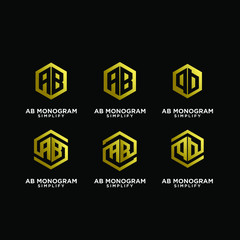 set of gold ab, ba, a b initial monogram hexagon letter black logo design with black background