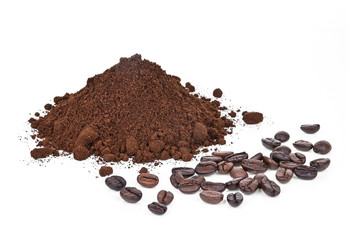 Coffee powder and  coffee bean isolated on white background