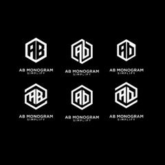 set of ab, ba, a b initial monogram hexagon letter white logo design with black background