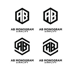 set of ab, ba, a b initial monogram hexagon letter black logo design