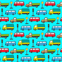 Naklejka premium Multi-colored cars and road signs on a blue background. Children's cartoon seamless pattern. Vector graphic hand drawing. Texture.