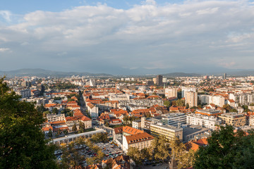 Naklejka na ściany i meble Aerial view of the sunset cityscape in Ljubljana, Slovenia