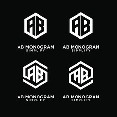set of ab, ba, a b initial monogram hexagon letter white logo design with black background
