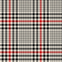 Seamless glen plaid pattern. Tweed check plaid abstract background texture in red, black, and off white for jacket, skirt, trousers, or other modern spring, summer, or autumn textile design.