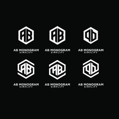 set of ab, ba, a b initial monogram hexagon letter white logo design with black background