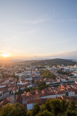 Aerial view of the sunset cityscape in Ljubljana, Slovenia