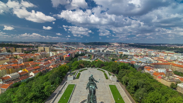 Panoramic view of Prague timelapse from the top of the Vitkov Memorial, Czech Republic