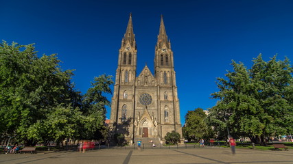 Medieval cathedral of Saint Ludmila timelapse  in Prague in the Czech republic