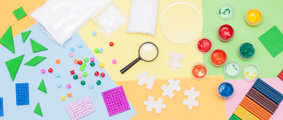 Banner. Materials used for kids crafts, art, experiments and education. Flat lay. Creativity for kids. Top view colorful background.