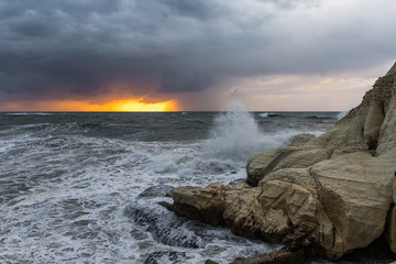 Stormy  weather in the evening at sunset on the Mediterranean coast near Rosh HaNikra in Israel