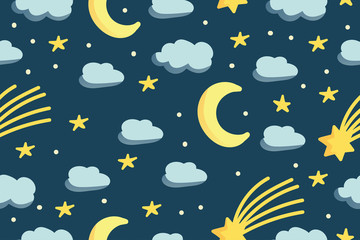 Cute night sky with yellow stars , moon and clouds. Seamless pattern. Modern hand drawn illustration in flat style. Baby nursery room. Wrapping paper or kid textile concept. Sweet dreams.