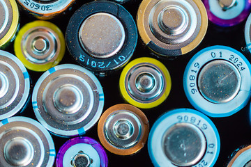  Macro of spent colored batteries.  Recycling process concept.