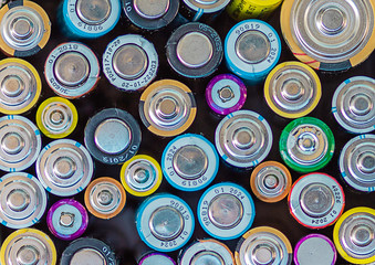  Macro of spent colored batteries.  Recycling process concept.