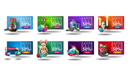 Easter sale, up to 50% off, large collection colorful 3D discount banners in cartoon style with cartoon Easter icons. Set discount banners isolated on white background
