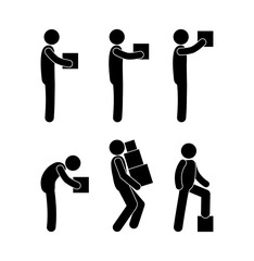 man holds a box, icon people in various poses, sticks figure isolated pictogram, human silhouette with a load