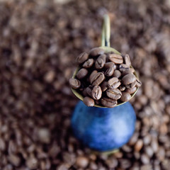 roasted coffee beans and a blue jug