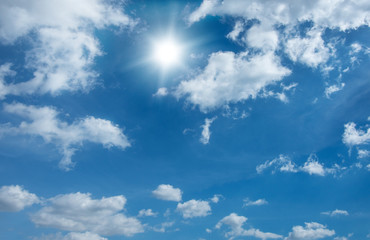 Blue sky with clouds and sun.