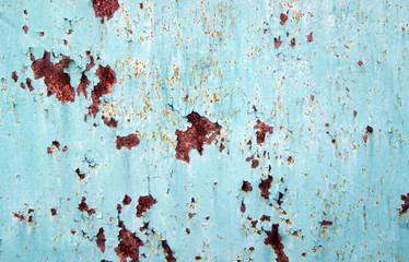 Light blue rust metal decayed crumpled sheet wide background.