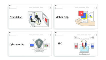 Network promotion scenes for website storytelling. Digital marketing, web technology, online business concept. Light outline vector illustration.