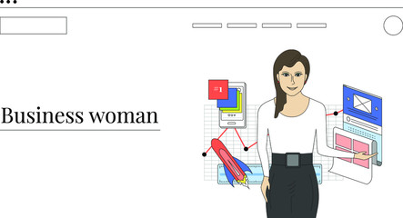 Business women scene illustration. Multitask female in action with laptop, mobile, landing page, graphs and other. Outline minimalistic style.