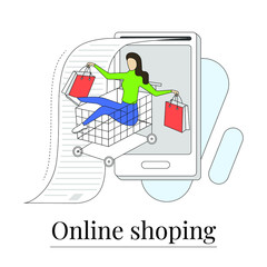 Online retail application concept. Light outline drawing style. Isolated illustration for your design, infographic, landing page or app designing.