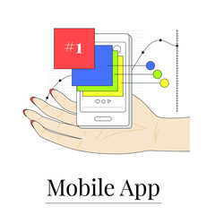 Mobile application creative concept. Light outline drawing style. Isolated illustration for your design, infographic, landing page or app designing.