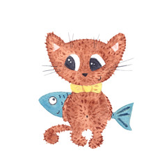 Cute brown kitten with a blue fish behind his back. Best friends. Sly fluffy cat with big eyes, long whiskers and a yellow bow tie. Watercolor painting. Hand drawn illustration. 