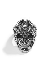 Subject shot of a silver ring made in the form of a human skull. The unique ring is isolated on the white background. 