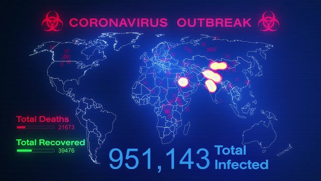 Video animation of a world map showing the outbreak of the coronavirus - with numbers of people infected - screen