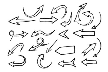 Collection vector of doodle, hand drawn arrows isolated on white background.