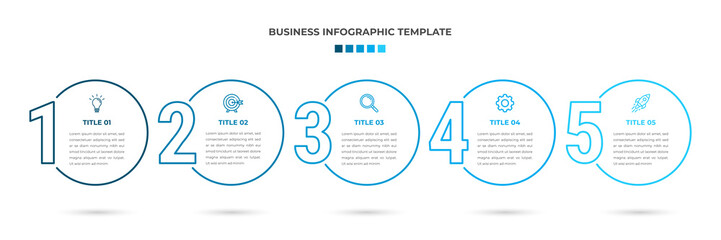 Minimal Modern Minimalist Business Infographics template with circle shape. 5 steps / option timeline with icons. For presentation, process, diagram, workflow, chart. Vector with blue, white color 