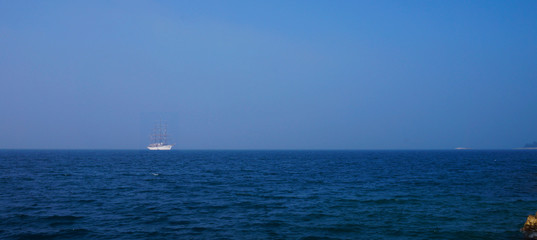 Adriatic sea with board and coast in Rovinj, Croatia