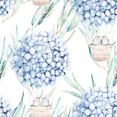 Modèle sans couture aquarelle. Ballon aérostat avec hortensia bleu et couple d& 39 oiseaux, branches d& 39 eucalyptus. Illustration florale dessinée à la main